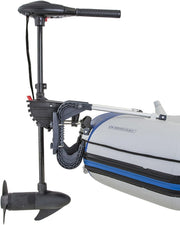 Outboard motor attached to an inflatable boat on a white background