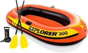 Inflatable boat with paddles and pump labeled 'Explorer 300' on a white background