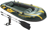Intex Seahawk 4 inflatable boat with pump and oars on a white background