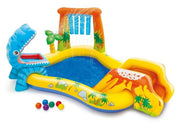Dino Island Splash inflatable play pool displayed on a white background, showcasing all its features.