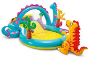 Two separate wading pools of the Intex Dino Splash & Slide Paradise, perfect for splashing, playing, and cooling off.