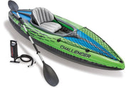 The Intex Challenger K1 kayak set, including a green and blue kayak with a paddle, air pump, and repair kit, displayed on a white background.