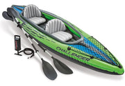 The Intex Challenger K2 two-person kayak set, including a green and blue kayak with two paddles, a hand pump, and two inflatable seats with backrests, displayed on a white background.
