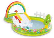 Rainbow Garden Park inflatable water arch with water sprinkler spraying refreshing water.